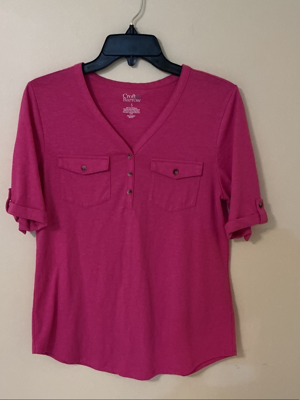 croft & barrow Deep Pink V‑Neck Henley Tunic with Button Pockets